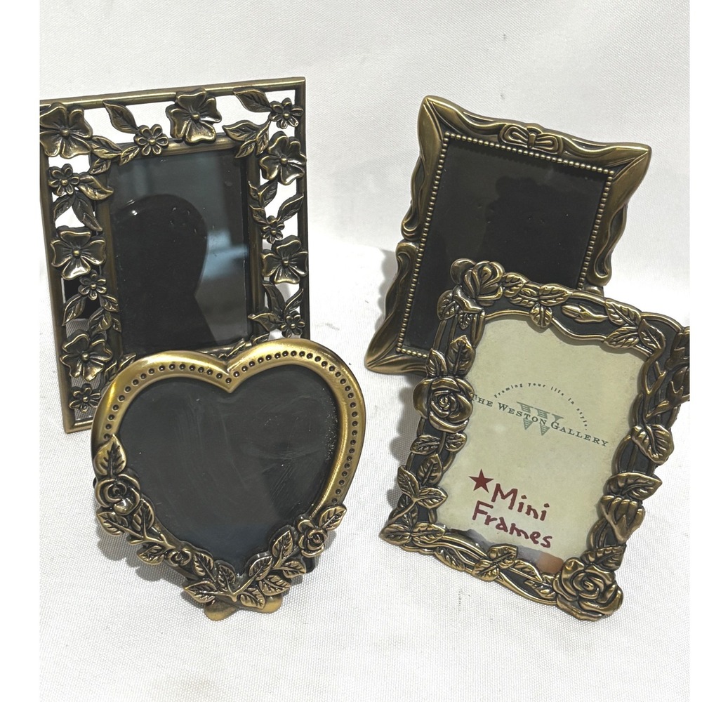 Lot Mini Picture Frames Set 4 Brass Tone Floral Heart Ornate Vintage Style